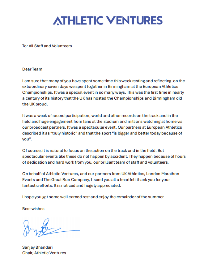 an image of a thank you message from Sanjay Bhandari Chair of Athletic Ventures
